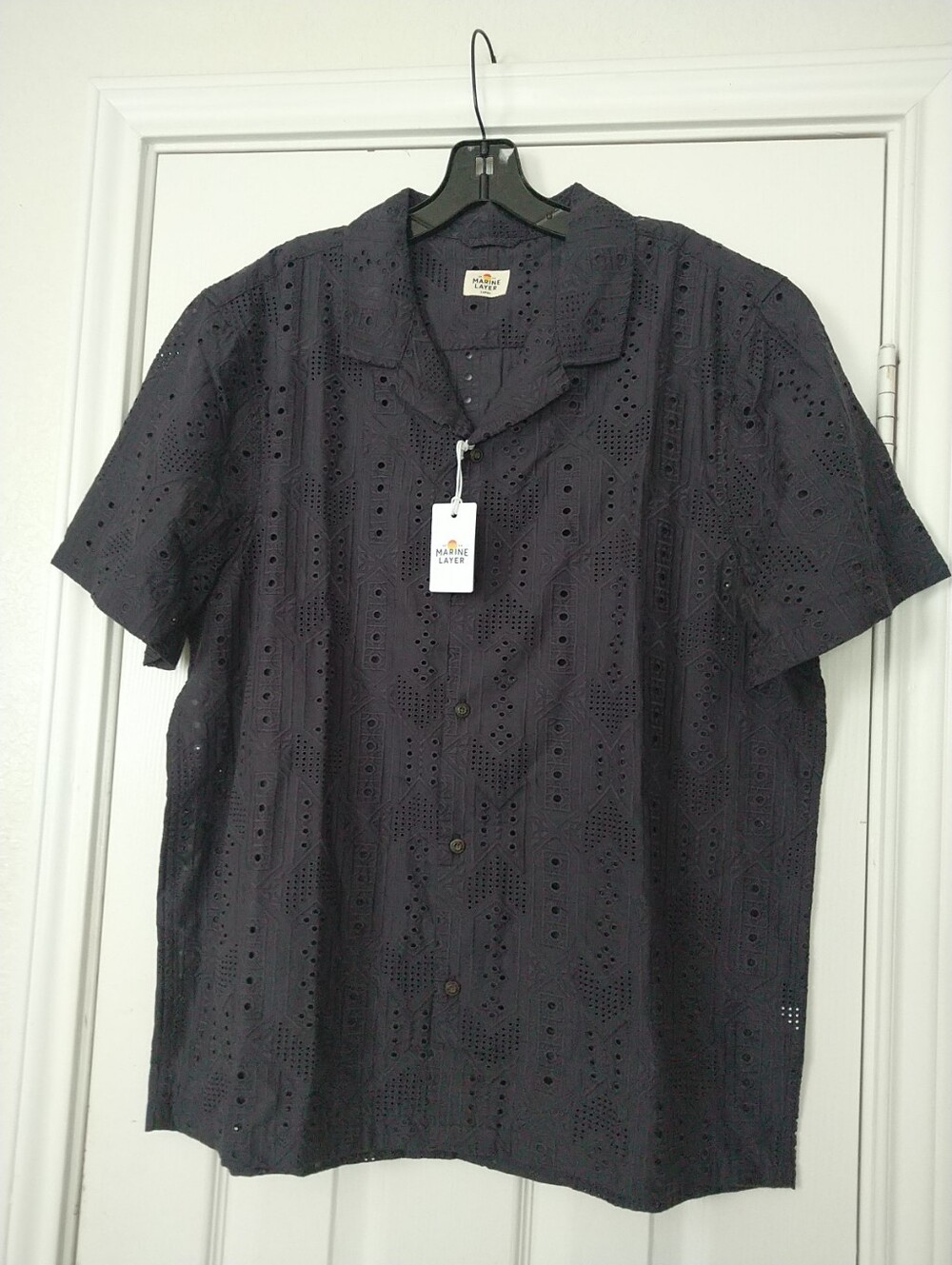 Marine Layer 5 O'clock Dark Grey Eyelet Short-Sleeve Button-Down Resort Shirt